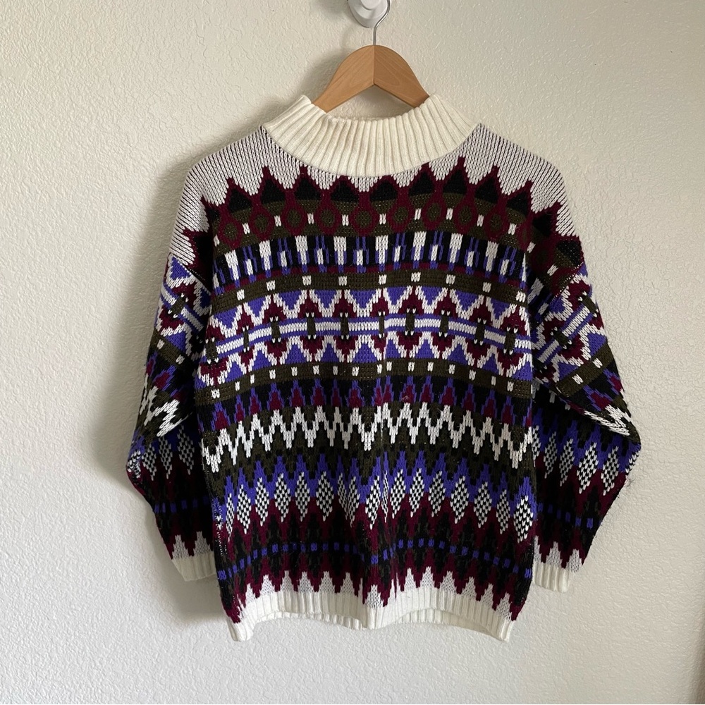 Vintage Knit Mock Neck Sweater Made USA Croquet Club Fair Isle Acrylic